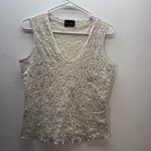 Vtg Y2K Cropped Tank Top V Neck Lace Beaded White Coquette Fairy Romantic SZ S